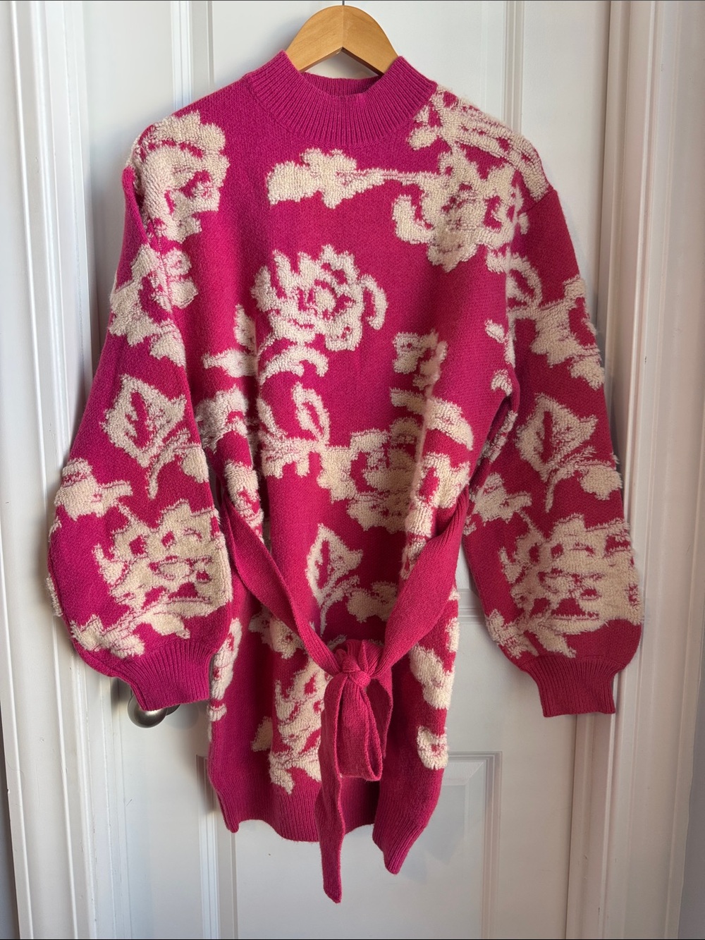 Women’s Fuchsia and Cream Floral Knit Sweater Dress with Tie Waist Turtleneck L
